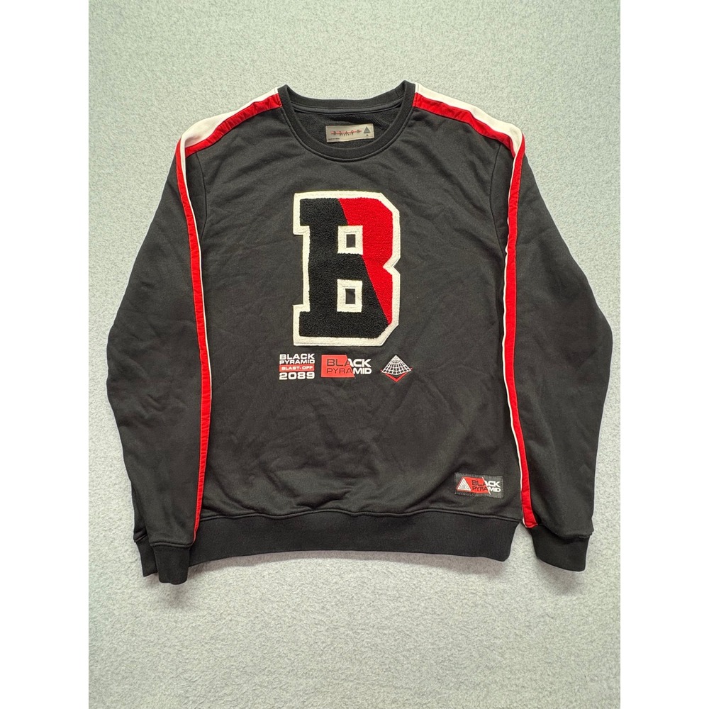 Black Pyramid Mens XL‎ Crewneck Sweatshirt Black Red White Chenille B Patch Logo